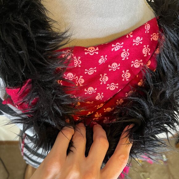 Shrinkle Fur Skull Hoodie Dress Small Black Gray Striped Studded y2k Punk Goth - Picture 11 of 14